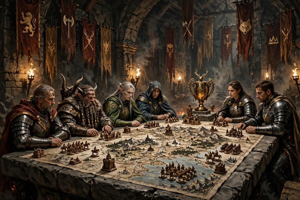Allied lords around a war table under many banners, a gold trophy at its head