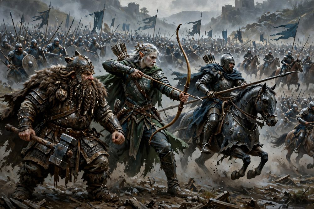 A dwarf, an elf archer and a mounted knight fighting side by side