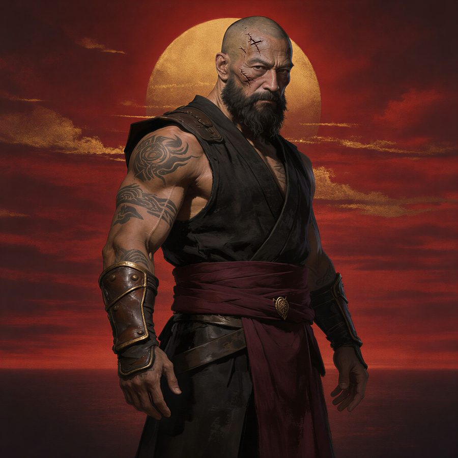 A scarred, tattooed hero in an oxblood sash before a gold sun