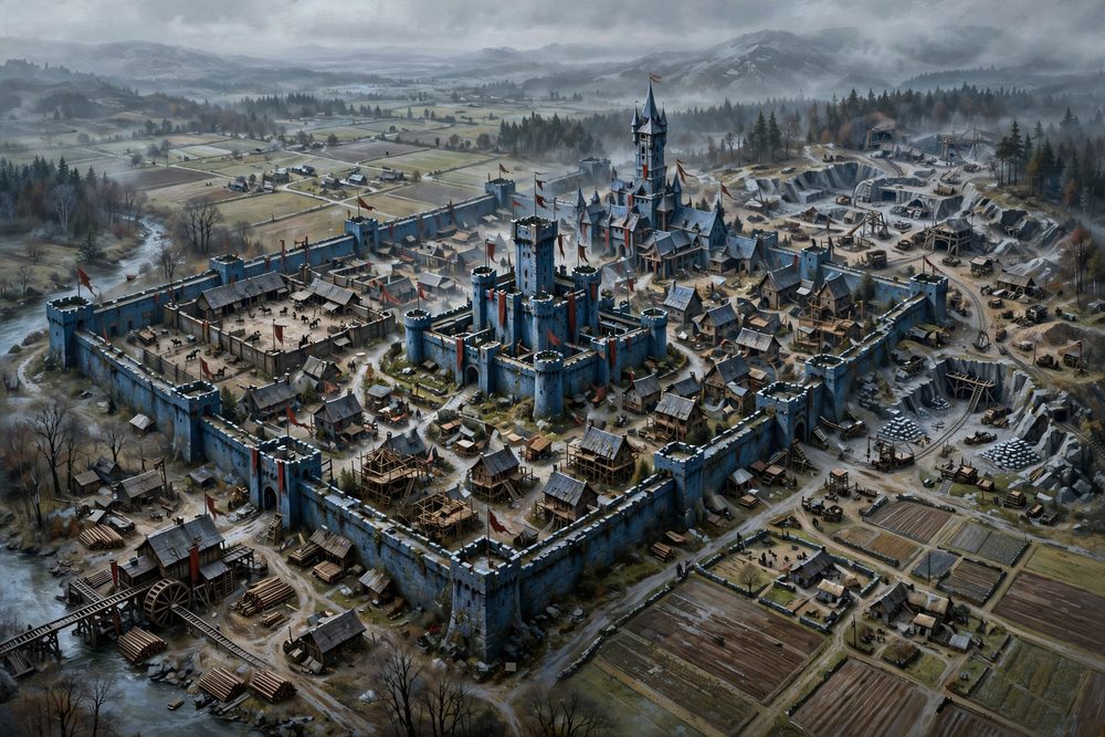 A walled city with a keep, fields, a sawmill and a quarry outside the walls