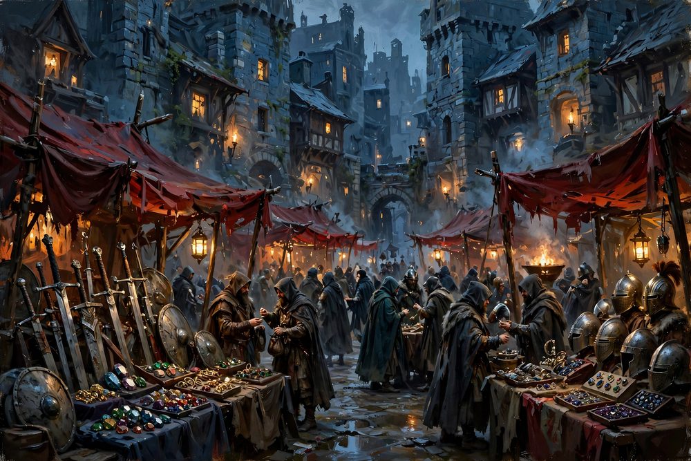 A dusk market square with stalls of swords, helmets, rings and cut gems