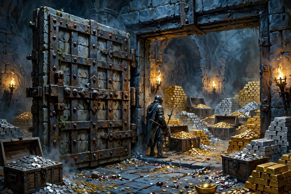 An open iron-bound vault door with chests of gold and silver inside